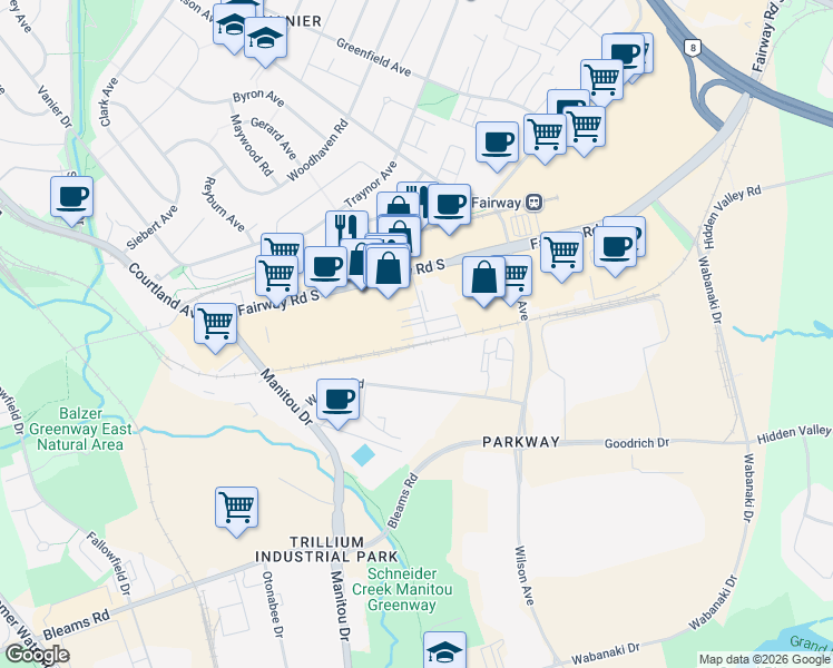 map of restaurants, bars, coffee shops, grocery stores, and more near 555 Fairway Road South in Kitchener