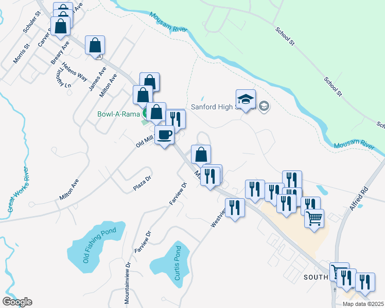 map of restaurants, bars, coffee shops, grocery stores, and more near 16 Manor Circle in Sanford
