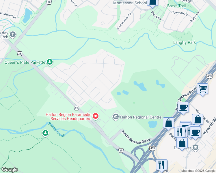 map of restaurants, bars, coffee shops, grocery stores, and more near 1151 Bronte Road in Oakville