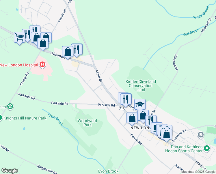map of restaurants, bars, coffee shops, grocery stores, and more near 25 Pressey Court in New London