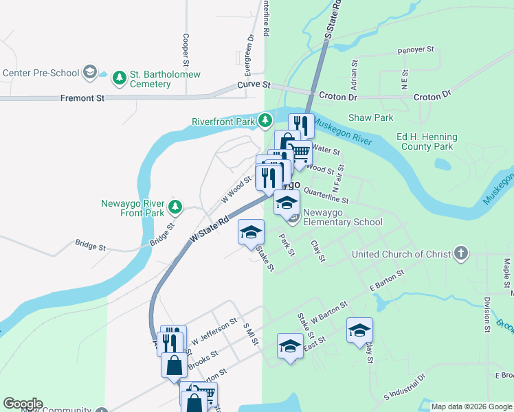 map of restaurants, bars, coffee shops, grocery stores, and more near 85 State Road in Newaygo