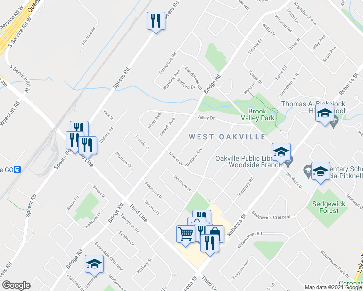 map of restaurants, bars, coffee shops, grocery stores, and more near 1387 Waverly Avenue in Oakville