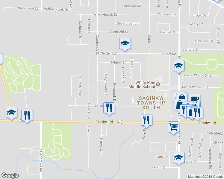 map of restaurants, bars, coffee shops, grocery stores, and more near 5499 Baines Drive in Saginaw