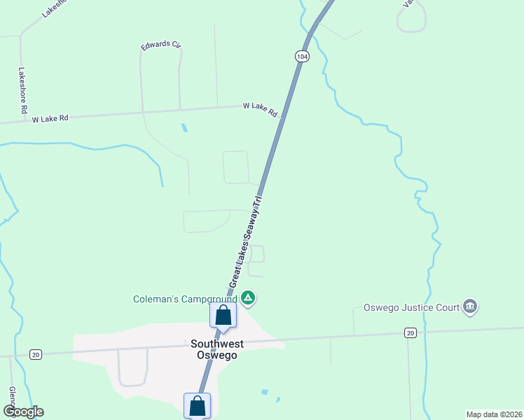 map of restaurants, bars, coffee shops, grocery stores, and more near 7595 New York 104 in Oswego