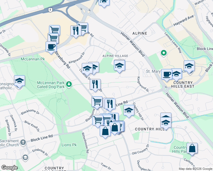map of restaurants, bars, coffee shops, grocery stores, and more near 96 Geneva Crescent in Kitchener