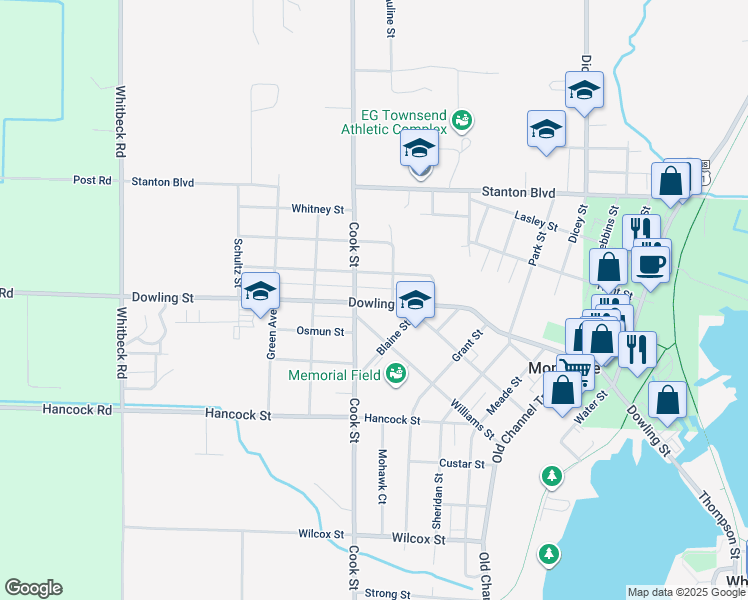 map of restaurants, bars, coffee shops, grocery stores, and more near 4976 Dowling Street in Montague