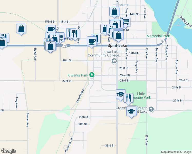 map of restaurants, bars, coffee shops, grocery stores, and more near 1000-1098 22nd Street in Spirit Lake