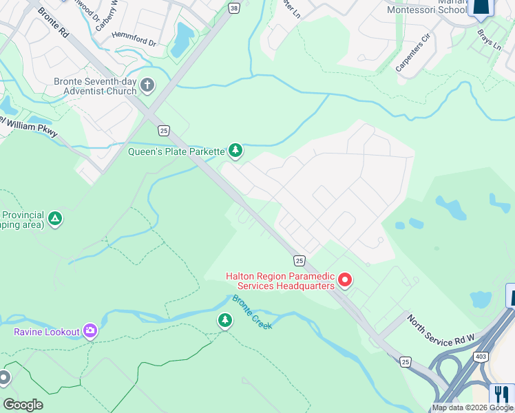 map of restaurants, bars, coffee shops, grocery stores, and more near 2501 Saw Whet Boulevard in Oakville