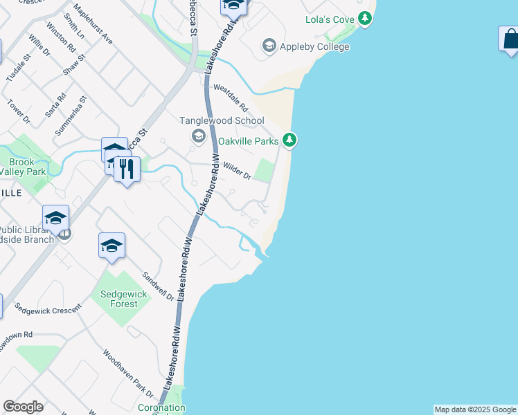 map of restaurants, bars, coffee shops, grocery stores, and more near 1128 Westdale Road in Oakville
