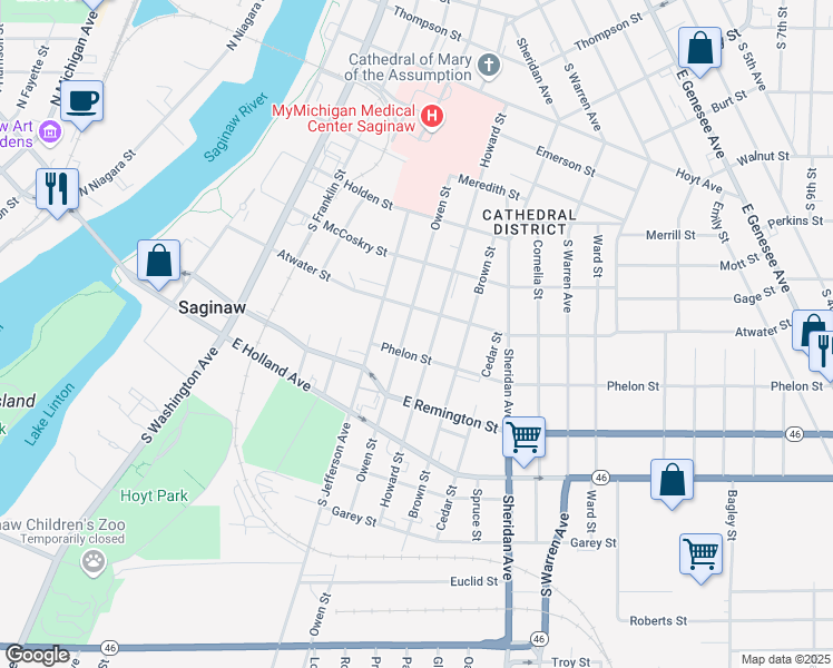 map of restaurants, bars, coffee shops, grocery stores, and more near 1222 Owen Street in Saginaw