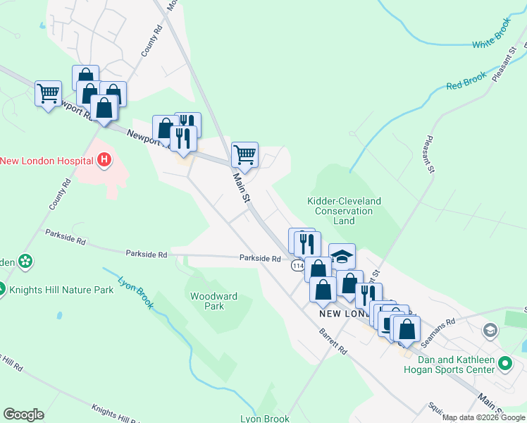map of restaurants, bars, coffee shops, grocery stores, and more near 25 Pressey Court in New London