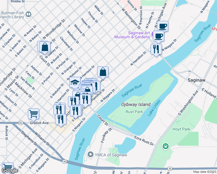 map of restaurants, bars, coffee shops, grocery stores, and more near 401 North Hamilton Street in Saginaw
