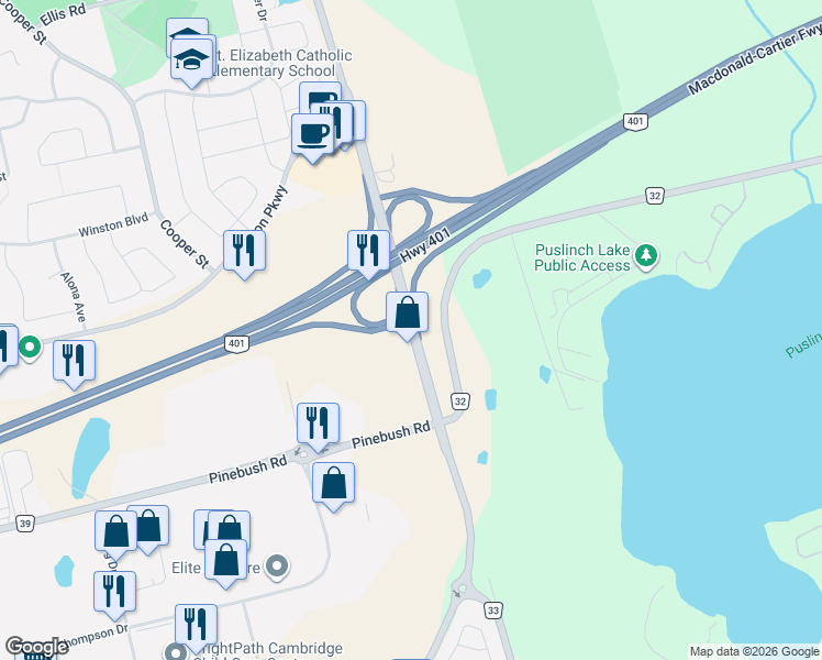map of restaurants, bars, coffee shops, grocery stores, and more near Townline Road in Cambridge