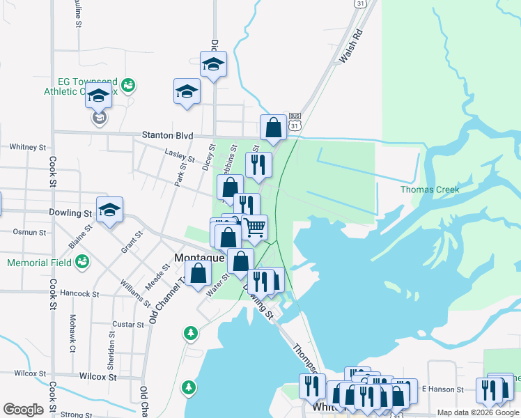 map of restaurants, bars, coffee shops, grocery stores, and more near 8832 Water Street in Montague