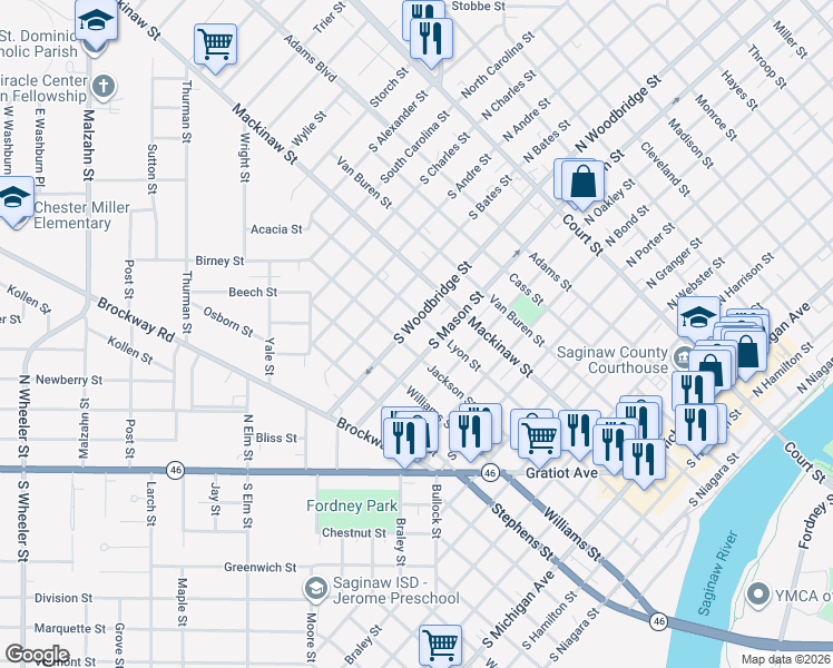 map of restaurants, bars, coffee shops, grocery stores, and more near 1315 Lyon Street in Saginaw