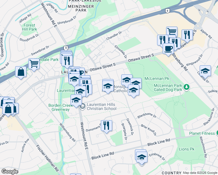 map of restaurants, bars, coffee shops, grocery stores, and more near 61 Howland Drive in Kitchener