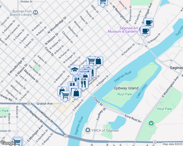 map of restaurants, bars, coffee shops, grocery stores, and more near 500 Hancock Street in Saginaw