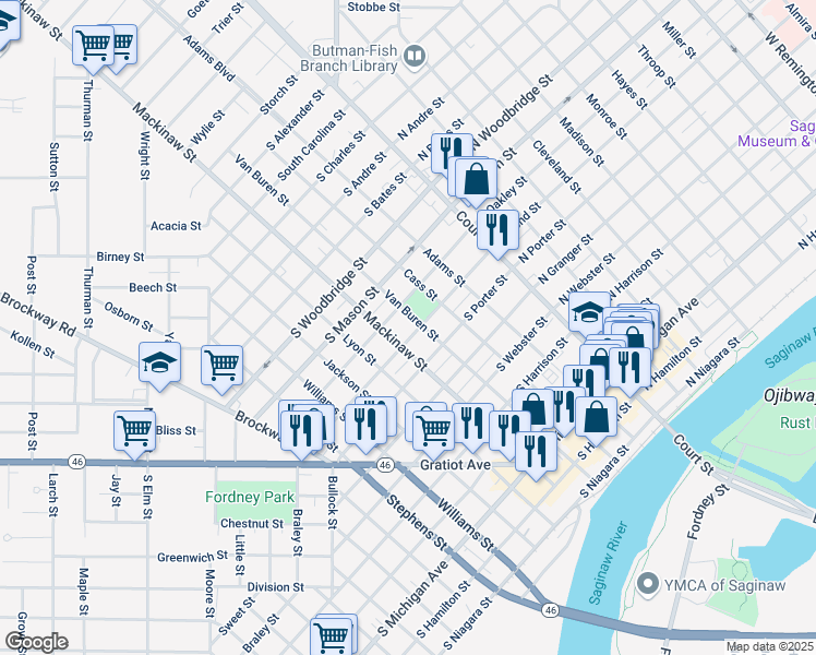 map of restaurants, bars, coffee shops, grocery stores, and more near 414 South Oakley Street in Saginaw