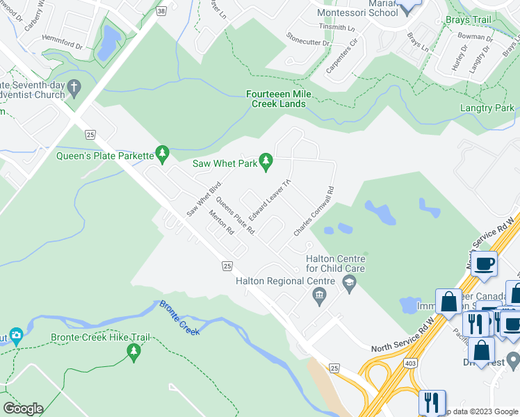 map of restaurants, bars, coffee shops, grocery stores, and more near 2420 Edward Leaver Trail in Oakville