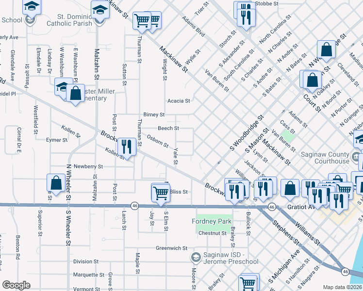 map of restaurants, bars, coffee shops, grocery stores, and more near 509 Yale Street in Saginaw