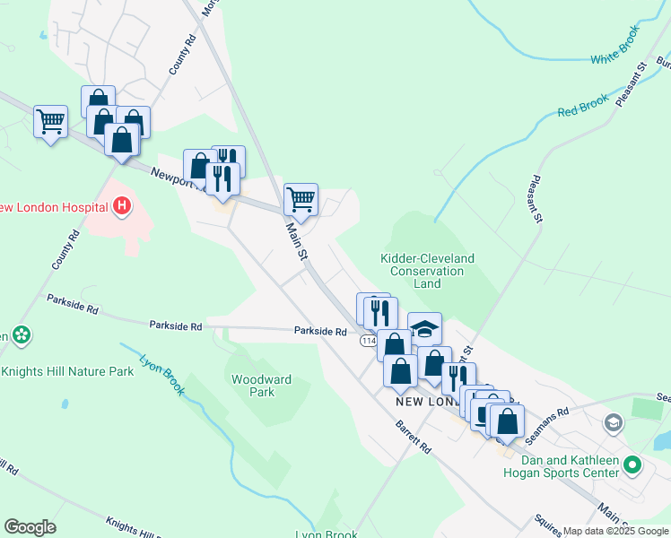 map of restaurants, bars, coffee shops, grocery stores, and more near 25 Pressey Court in New London