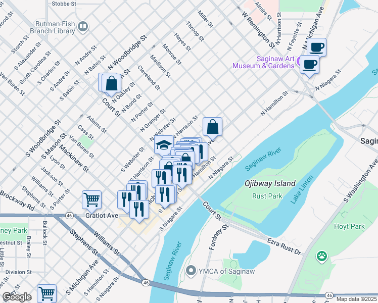 map of restaurants, bars, coffee shops, grocery stores, and more near 500 Hancock Street in Saginaw