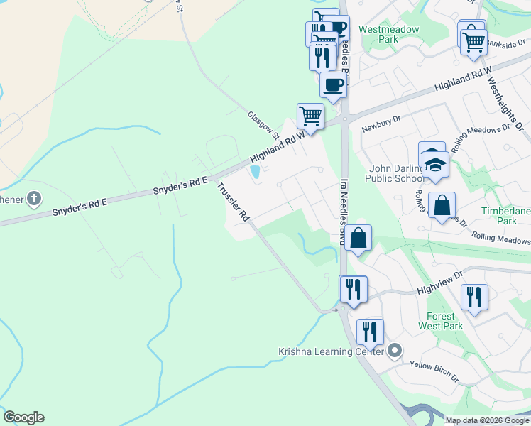 map of restaurants, bars, coffee shops, grocery stores, and more near 50 Cora Drive in Kitchener