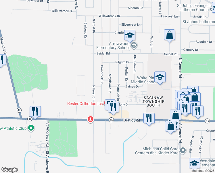 map of restaurants, bars, coffee shops, grocery stores, and more near 489 Mayflower Drive in Saginaw