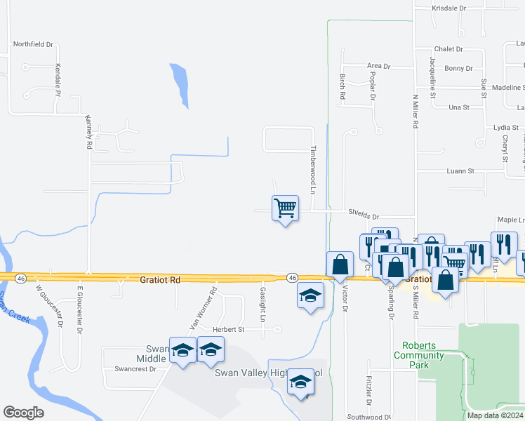 map of restaurants, bars, coffee shops, grocery stores, and more near 8448 Shields Drive in Saginaw