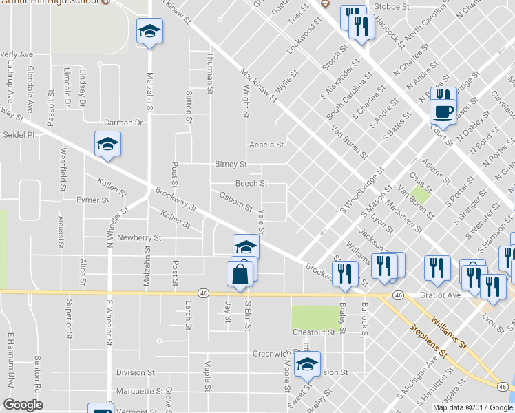 map of restaurants, bars, coffee shops, grocery stores, and more near 509 Yale Street in Saginaw