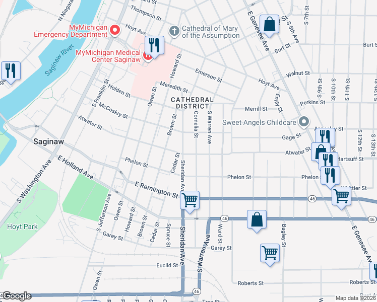 map of restaurants, bars, coffee shops, grocery stores, and more near 907 Atwater Street in Saginaw
