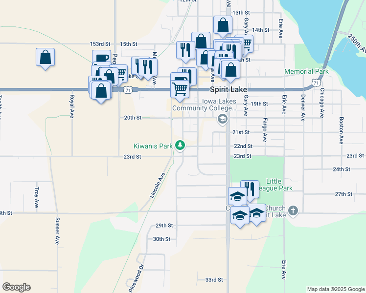 map of restaurants, bars, coffee shops, grocery stores, and more near 1098 22nd Street in Spirit Lake