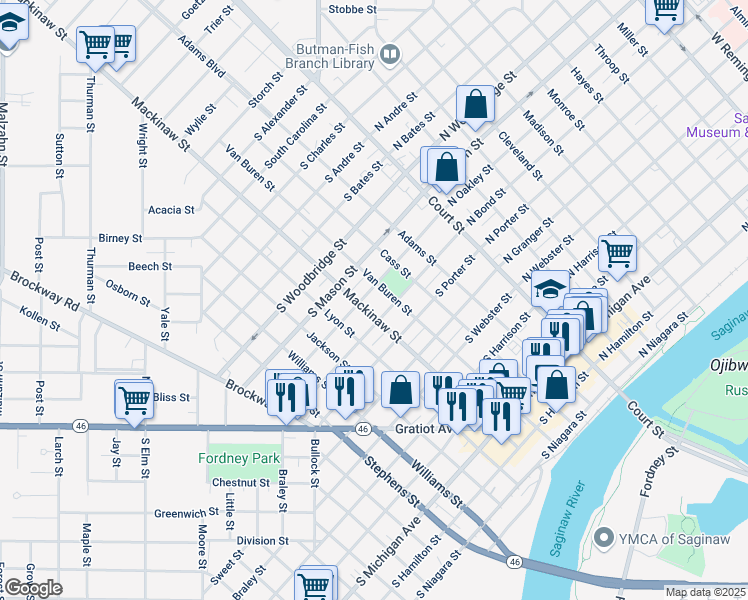map of restaurants, bars, coffee shops, grocery stores, and more near 414 South Oakley Street in Saginaw Charter Township