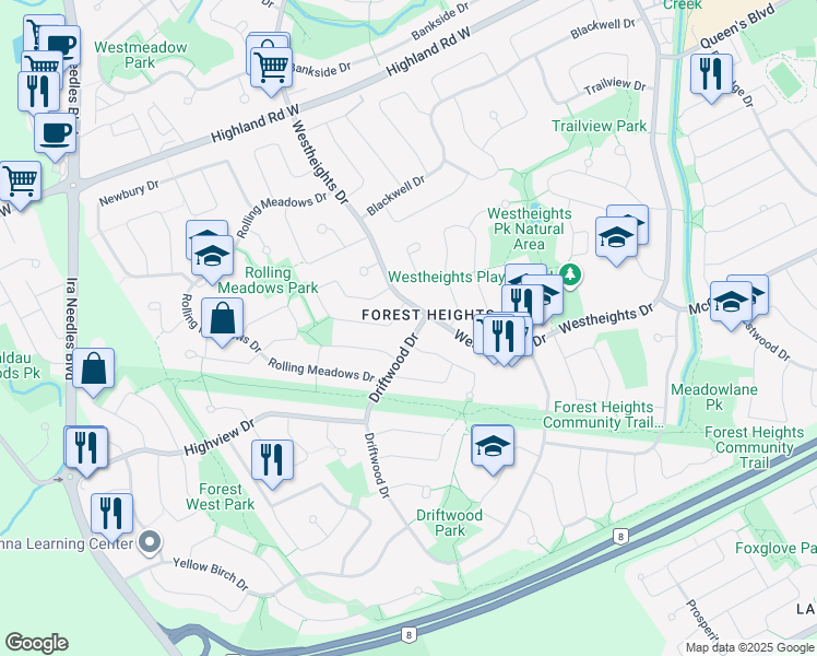 map of restaurants, bars, coffee shops, grocery stores, and more near 478 Driftwood Drive in Kitchener