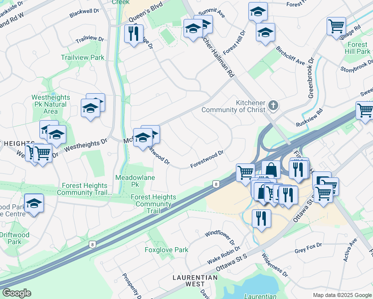 map of restaurants, bars, coffee shops, grocery stores, and more near 4 Meadowlane Drive in Kitchener