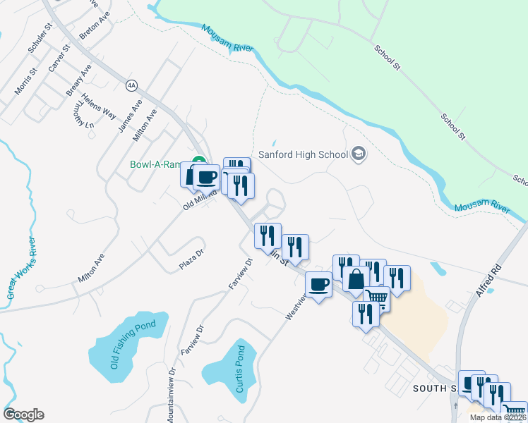 map of restaurants, bars, coffee shops, grocery stores, and more near 2-8 Manor Circle in Sanford