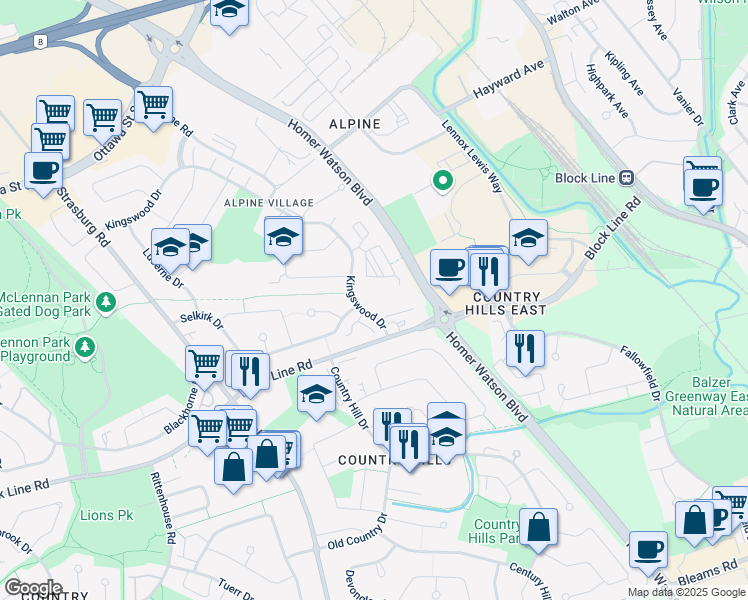 map of restaurants, bars, coffee shops, grocery stores, and more near 310 Kingswood Drive in Kitchener