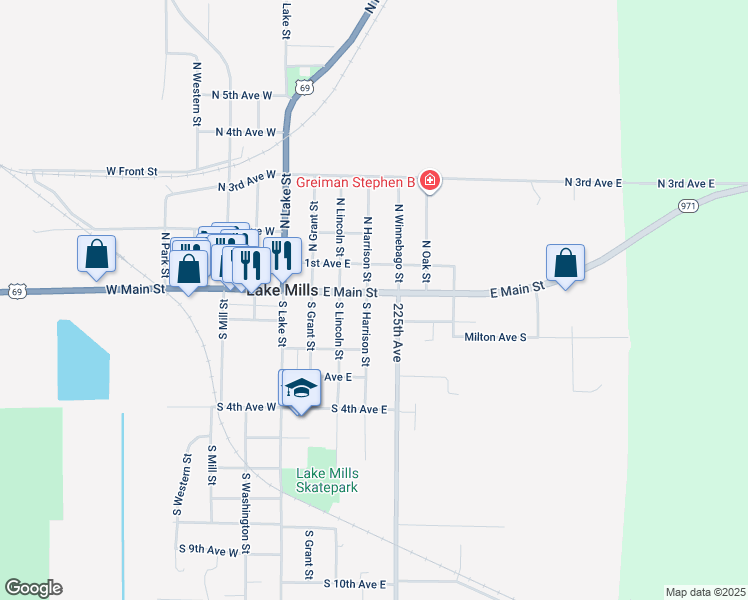 map of restaurants, bars, coffee shops, grocery stores, and more near 408 East Main Street in Lake Mills
