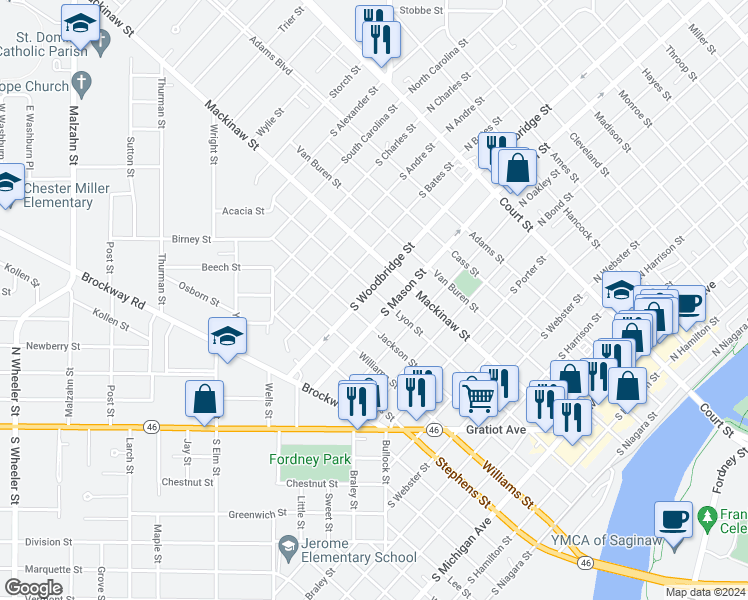 map of restaurants, bars, coffee shops, grocery stores, and more near 1315 Lyon Street in Saginaw