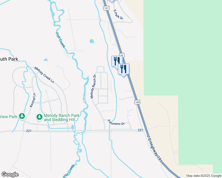 map of restaurants, bars, coffee shops, grocery stores, and more near Glory Vista Terrace in South Park
