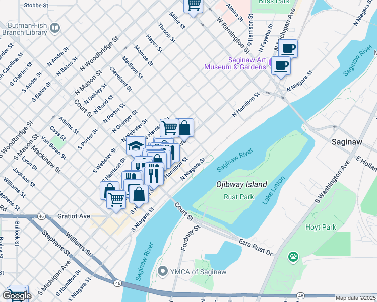 map of restaurants, bars, coffee shops, grocery stores, and more near 401 North Hamilton Street in Saginaw