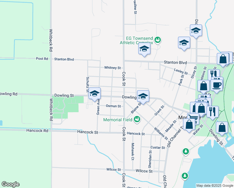 map of restaurants, bars, coffee shops, grocery stores, and more near 5040 Dowling Street in Montague