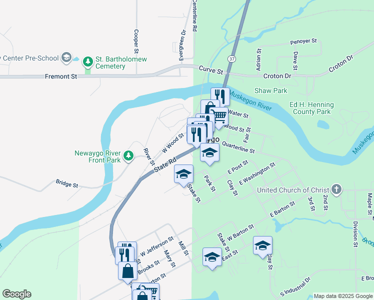 map of restaurants, bars, coffee shops, grocery stores, and more near 85 State Rd in Newaygo
