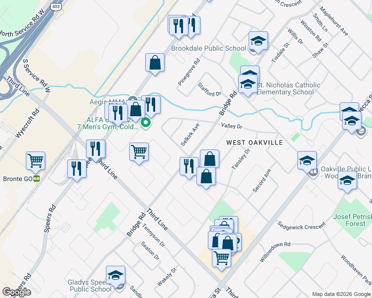 map of restaurants, bars, coffee shops, grocery stores, and more near 503 Sherin Drive in Oakville