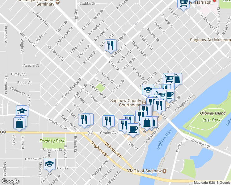 map of restaurants, bars, coffee shops, grocery stores, and more near 920 Cass St in Saginaw