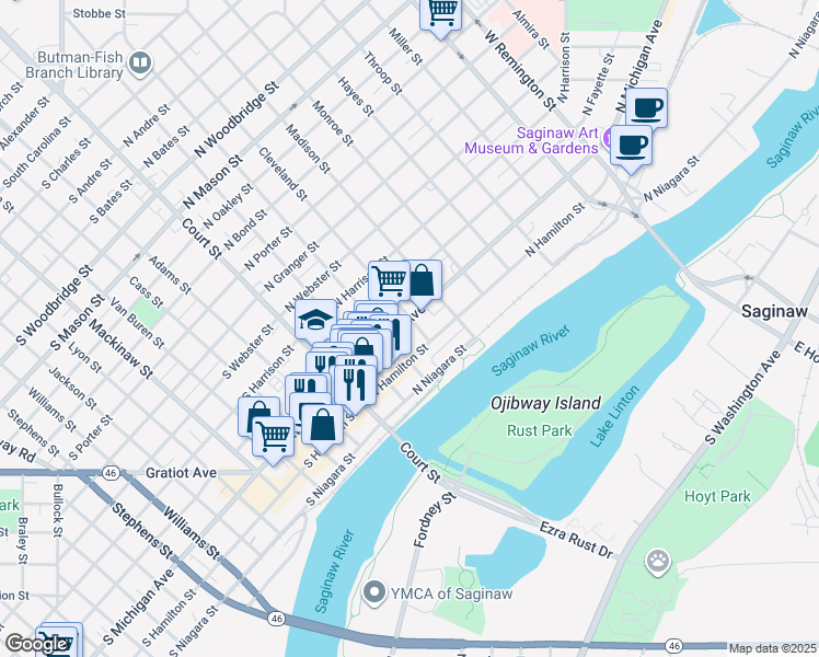 map of restaurants, bars, coffee shops, grocery stores, and more near 401 North Hamilton Street in Saginaw