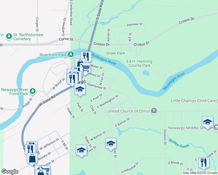 map of restaurants, bars, coffee shops, grocery stores, and more near 173 Quarterline Street in Newaygo