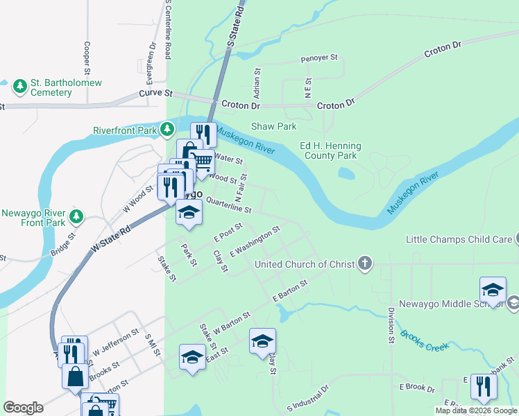 map of restaurants, bars, coffee shops, grocery stores, and more near 173 Quarterline Street in Newaygo