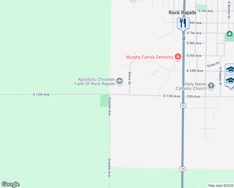 map of restaurants, bars, coffee shops, grocery stores, and more near 1599 South 12th Avenue in Rock Rapids