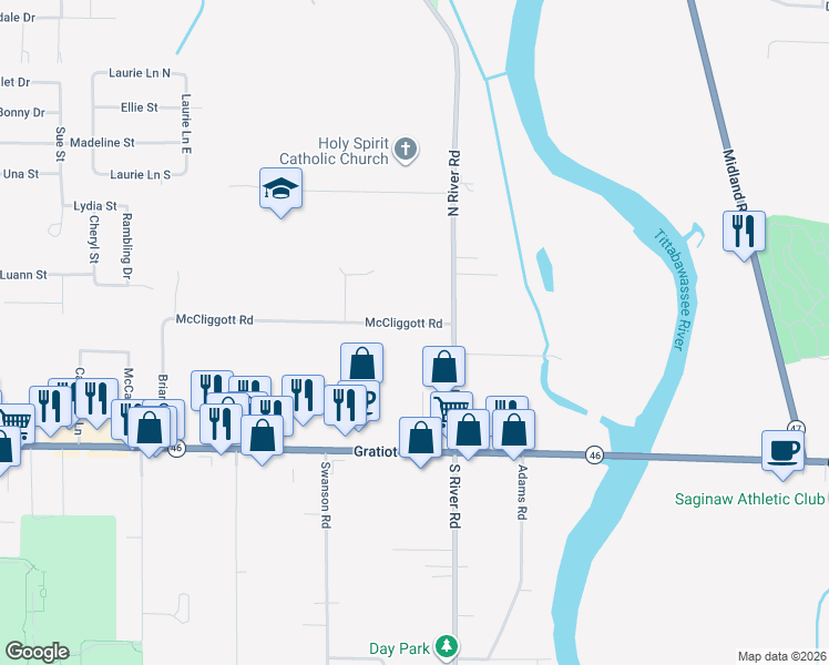 map of restaurants, bars, coffee shops, grocery stores, and more near 7111 McCliggott Road in Saginaw